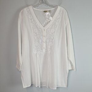 Collections ETC white COTTON embroidered boho cottagecore prairie blouse size XL